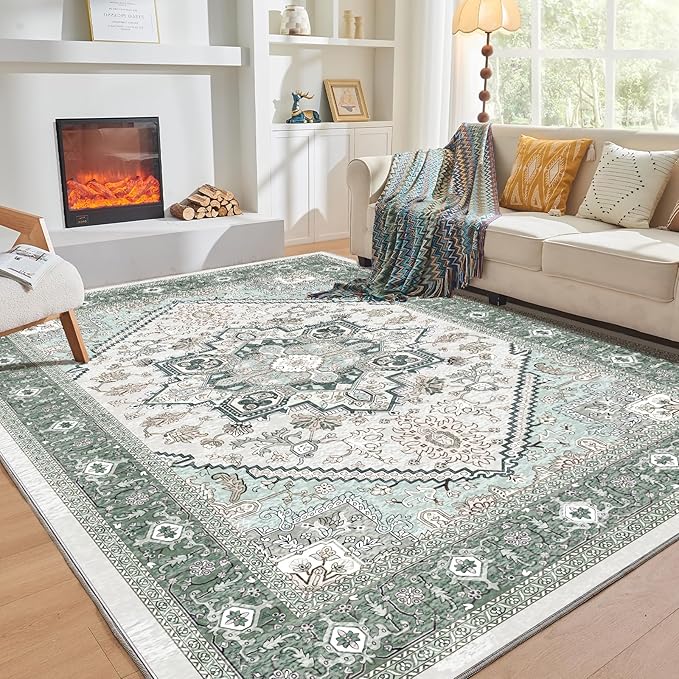 OPPODREAM Soft 10x14 Area Rugs, Washable Rugs 10x14 with Non Slip Backing, Low-Pile Faux Cashmere 10 x 14 Carpet, Green