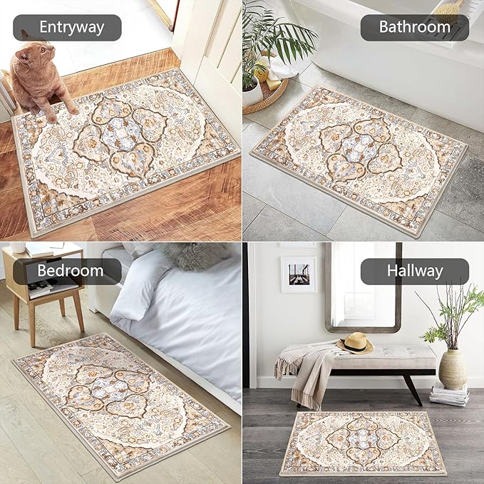 HEBE Washable Area Rug 2'x3' Non Slip Soft Distressed Medallion Bedroom & Living Room Accent Throw Vintage Entry Floor Carpet for Dining Room & Bathroom Entryway