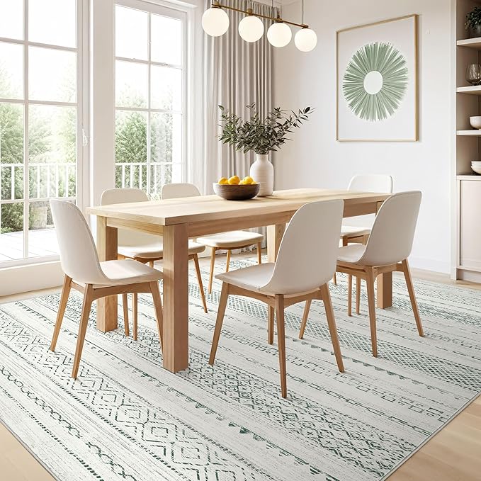 Nakagishi Green Rug Living Room Rugs: 8x10 Washable Boho Large Neutral Soft Farmhouse Stain Resistant Modern Non Slip Indoor Floor Carpet for Bedroom Nursery Kids Playroom Office Dining Room Home