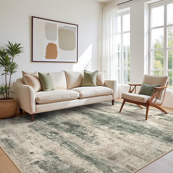 BEIMO Area Rugs 5x8 for Living Room Bedroom, Modern Abstract Machine Washable Rug, Large Soft Low Pile Floor Carpet with Non Slip Backing for Dining Room, Grey/Dark Green