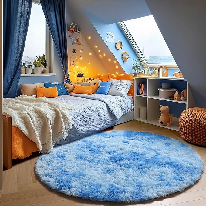 ONASAR Round Rugs 5ft for Bedroom Living Room, Tie-Dye Blue Fluffy Circle Area Rug for Kids Girls Boys Teen, Soft Plush Shaggy Carpet for Nursery Dorm Classroom Playroom Home Decor Aesthetic