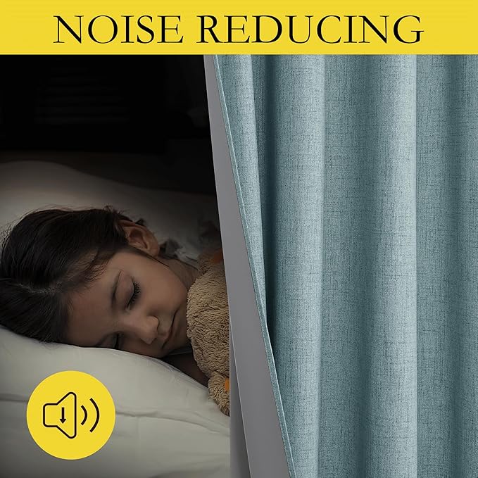 NICETOWN 100% Absolutely Blackout Linen Curtains with Thermal Insulated Liner, Skylark Blue, 62" Wide, 108" Length Energy Saving Curtains for Living Room 2 Panels Set, Vertical Blinds