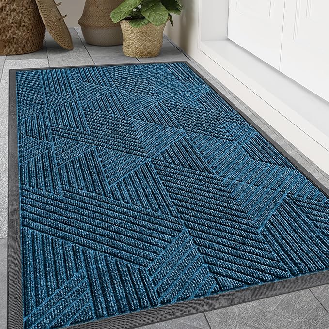 Smiry Front Door Mat Outside Entrance, Heavy Duty Sturdy Natural Rubber Doormat, Trap Dirt and Moisture, Easy Clean Low Profile Mats for Indoor Outdoor Entry, Irregular Triangle (47x32, Mixed Blue)