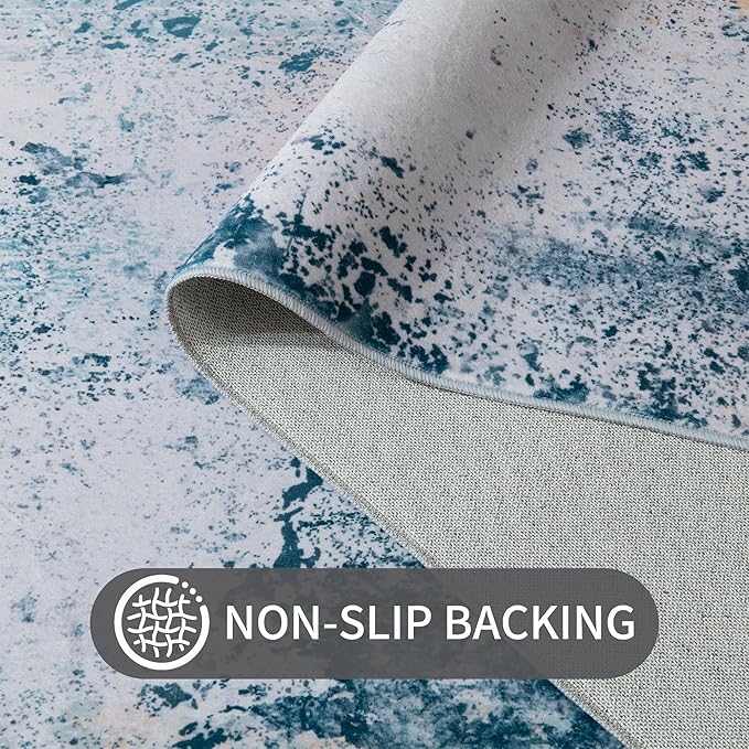 Ompaa Living Room Rug 5x8 Aqua Blue Area Rug Machine Washable Boho Rug Non Slip Abstract Vintage Indoor Large Rugs for Bedroom, Classroom, College Dorm, Farmhouse, Dining Room, Kids Playroom