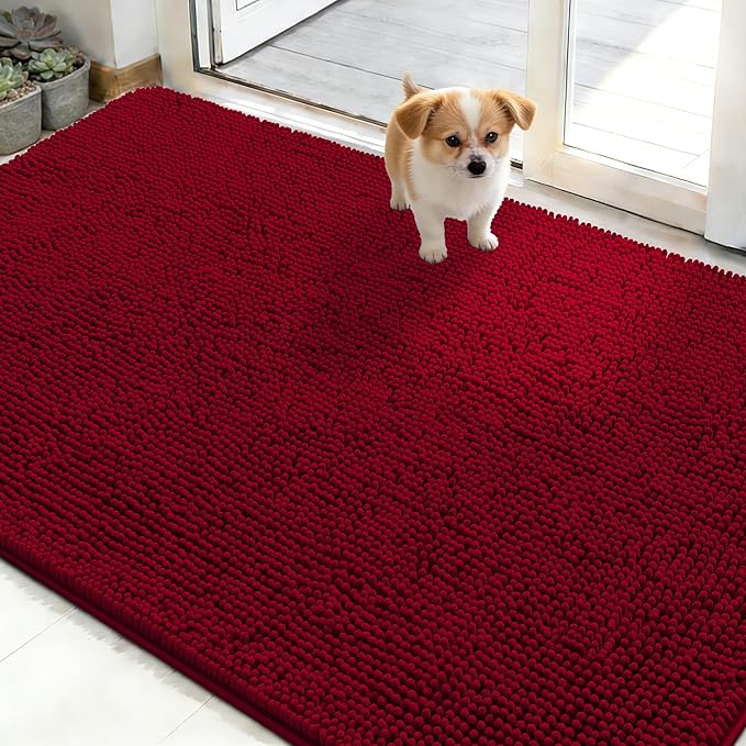 OLANLY Dog Door Mat for Muddy Paws 48x30, Absorbs Moisture and Dirt, Absorbent Non-Slip Washable Doormat, Quick Dry Chenille Mud Mat for Dogs, Entry Indoor Entryway Carpet for Inside Floor, Red