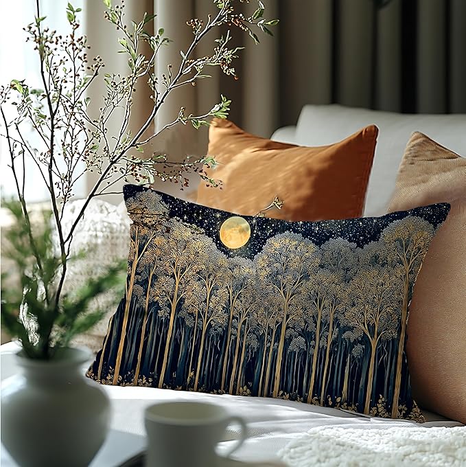 Rustic Dark William Morris Night Forest Moon Decor Pillow Covers 12x20,Vintage Gold Botanical Nature Landscape Decorative Throw Pillow Covers for Home Bedroom Living Room
