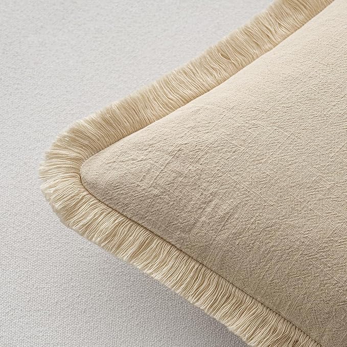 MIULEE Decorative Throw Pillow Covers Neutral Linen Fringe Throw Pillows Euro Shams Set of 2 Beige Boho Farmhouse Cushion Covers for Couch Sofa Bed Living Room Spring Home Decor 24x24 Inch