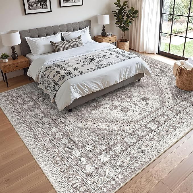 zesthome 8x10 Area Rugs for Living Room,Non-Slip Backing Washable Rugs,Vintage Large Area Rug，Stain Resistant Home Decor Rug (Brown/Beige,8'x10')