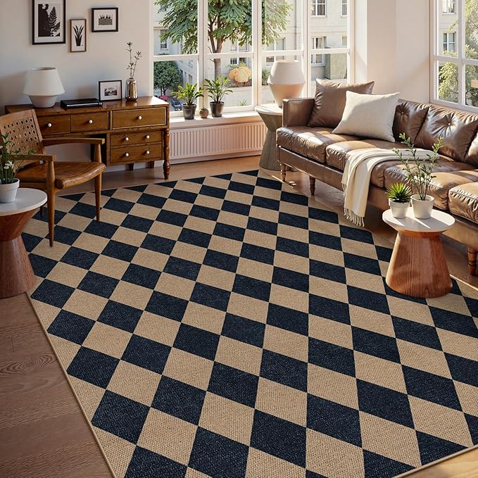 Lahome Colette Checkered Easy Jute Carpet, Washable 8x10 Rugs for Living Room Outdoor Patio Rugs, Farmhouse Neutral Non Slip Stain Resistance Floor Carpet for Office Backyard Sunroom