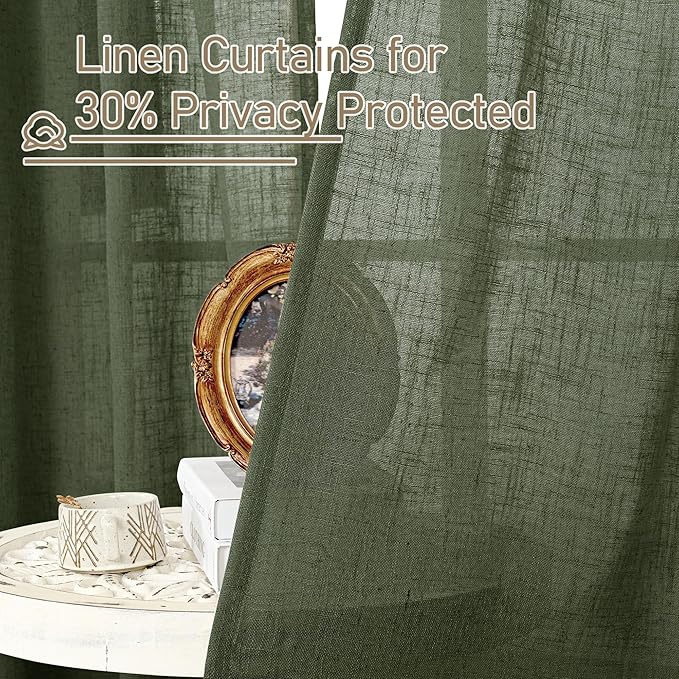 LAMIT Olive Green Linen Curtains for Living Room, 2 Panels, Light Filtering Semi Sheer Panels with Back Tab and Rod Pocket, 52 x 108 Inch