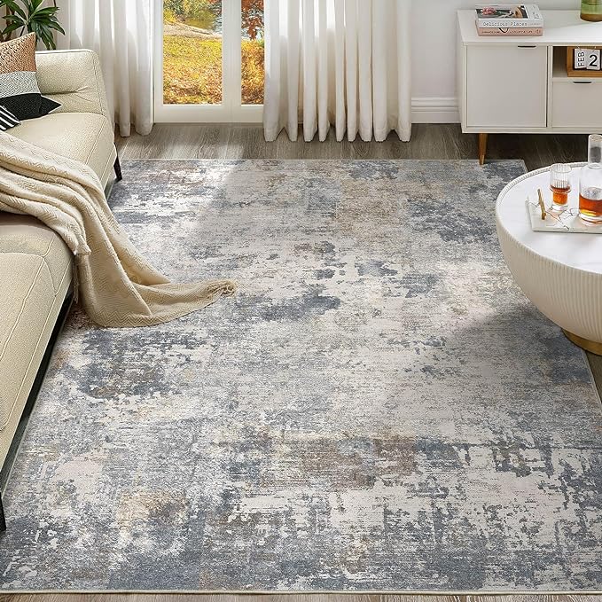 UERMEI 8x10 Area Rug Living Room Rugs - Washable Neutral Modern Abstract Soft Thin Large Rug Indoor Floor No Slip Rug Carpet for Bedroom Under Dining Table Home Office Decor - Blue Grey