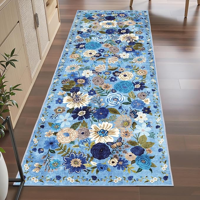 Rug for Hallways Kitchen Rug 3x7, Non Slip Washable Rugs with Rubber Backing Soft Floral Carpet Runner for Hallways, Kitchen, Laundry, Bedroom, Bathroom(3 x 7, Blue Garden)