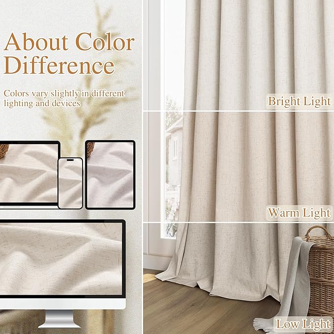 Guken 100% Blackout Linen Curtains 72 Inch Length 2 Panels Set for Living Room Bedroom Back Tab Thermal Insulated Black Out Drapes Room Darkening Farmhouse Style for Bedroom Window Curtains 52x72