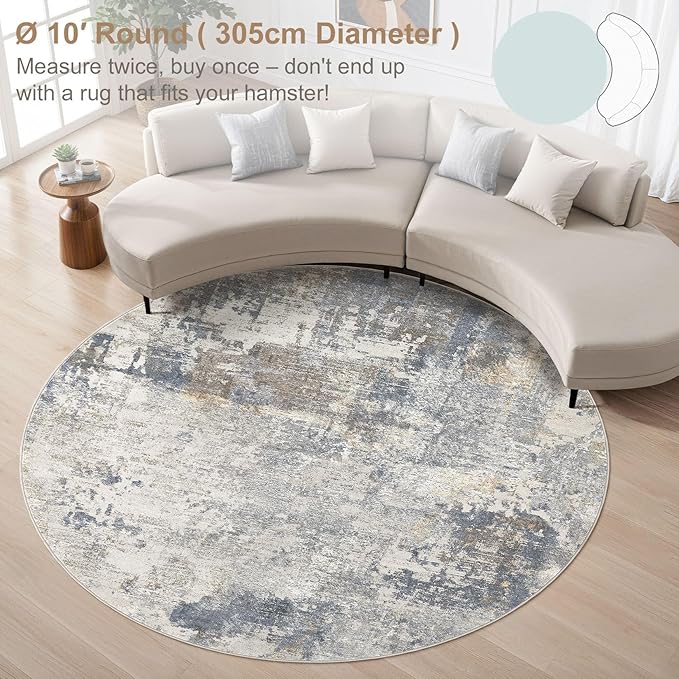 10ft Round Area Rug Living Room Rugs - 10x10 Washable Large Neutral Modern Abstract Soft Thin Rug Indoor Floor No Slip Rug Carpet for Bedroom Under Dining Table Home Office Decor - Blue Grey
