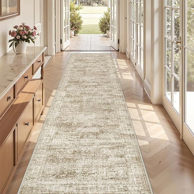 3x10 Runner Rug Non Slip Washable for Entryway, Vintage Hallway Runner for Front Porch, Laundry Room, Bedroom, Abstract Stain Resistant Thin Indoor Kitchen Mats for Floor(3'x10', Brown/Ivory)