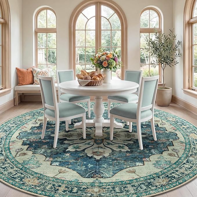 RELEANY Area Rugs 8ft Washable Non-Slip, Floral Vintage Distress Print Pattern Medallion Carpet for Living Room Bedroom Dining Room, Dark Blue Vintage