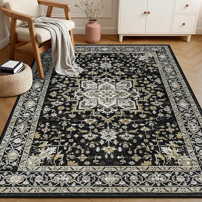 4x6 Area Rugs for Living Room: Washable Rug Soft Vintage Boho Medallion Carpet Indoor Non-Slip Stain Resistant Large Carpets for Bedroom Dining Room Farmhouse Nursery Home Office Black Gold