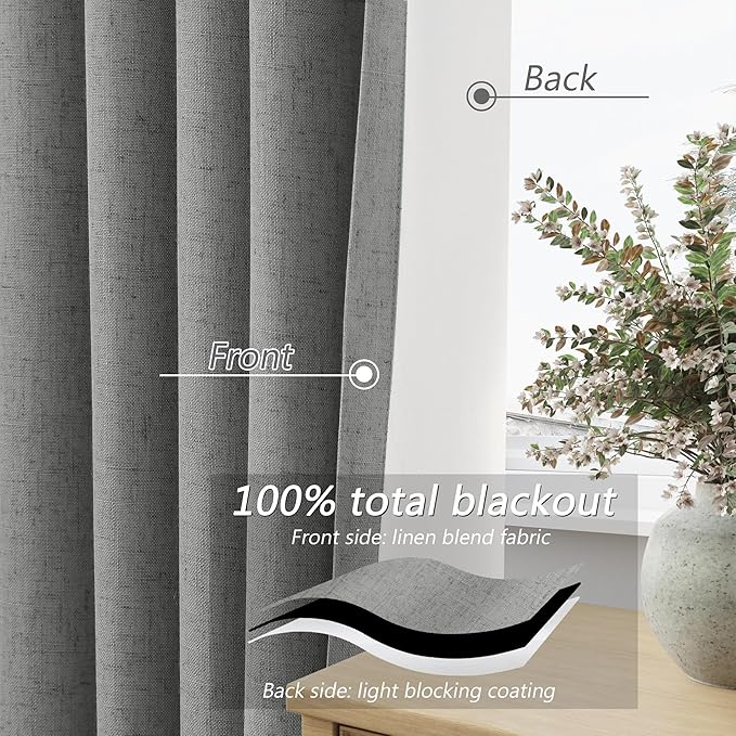 Guken Dark Grey 100% Blackout Linen Curtains 63 Inch Length 2 Panels Set for Living Room Bedroom Back Tab/Rod Pocket Thermal Insulated Black Out Drapes Room Darkening Farmhouse Window Curtains