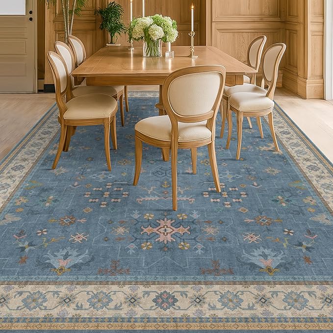 Hazo Haus Boho 8x10 Large Area Rugs for Living Room - Eclectic Dusky Blue Rug for Bedroom Under Bed, Dining Room Under Kitchen Table, Washable Soft Non Slip Unique Colorful Indoor Décor