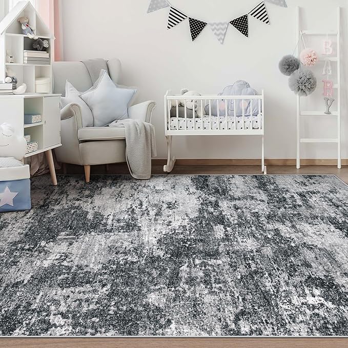 Area Rugs 6x9 for Living Room: Washable Rug Modern Abstract Neutral Soft Non-Slip Low-Pile Indoor Carpet for Bedroom Dining Room Playroom Home Office (Black Grey, 6'x9')