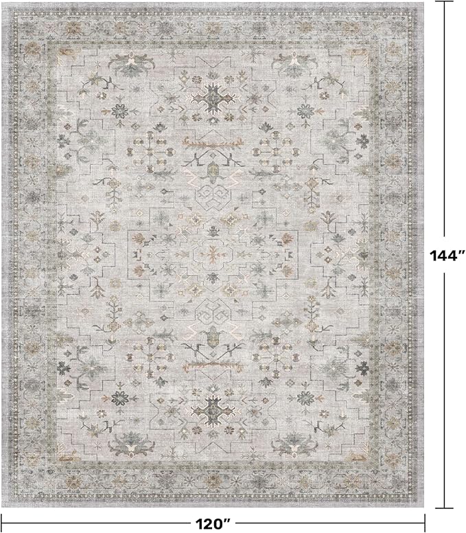 Hazo Haus Boho Light Grey Living Room Rug 10x12 - Modern Vintage Eclectic Floral Pastel Neutral Taupe, Washable Low Pile Non-Slip Extra Large Area Rugs for Dining Under Table Bedroom Lounge