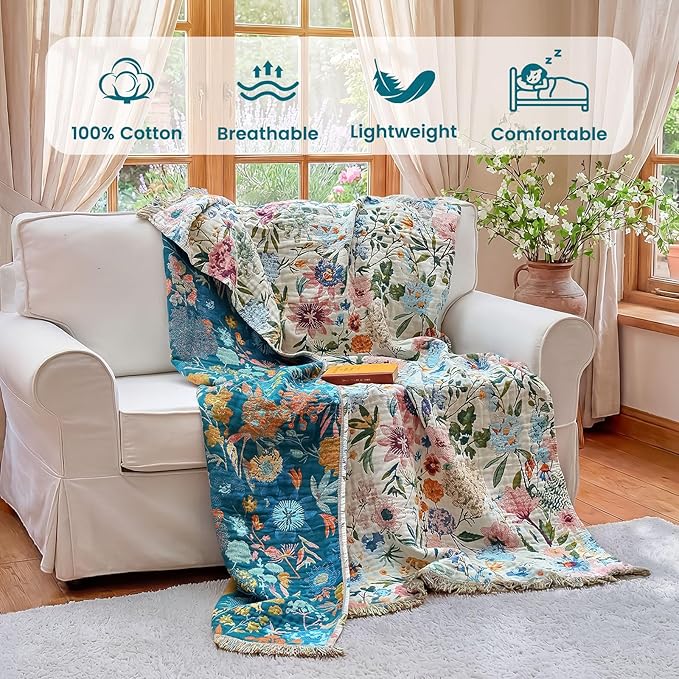 MSGKV Boho Throw Blanket 60"x80" Bed Floral 100% Cotton Blanket Spring Breathable Lightweight Farmhouse Twin Size Couch Blankets Home Decor Muslin Guaze All Seasons