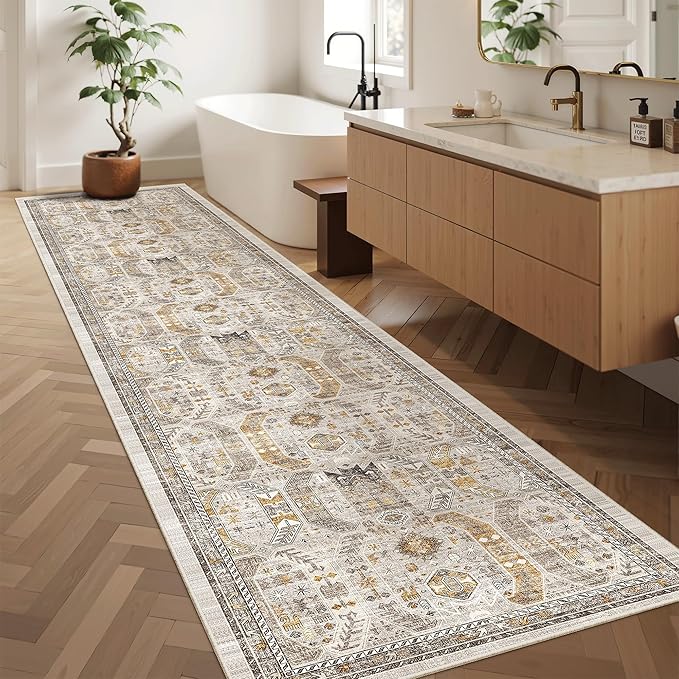 Madane Hallway Runner Rug 2'6''x12' Kitchen Runner, Non Slip Vintage Runners for Hallways Washable Kitchen Rugs Soft Low Pile 2.5x12 ft Rug Runner for Laundry Room, Entryway and Bedroom, Brown/Gold