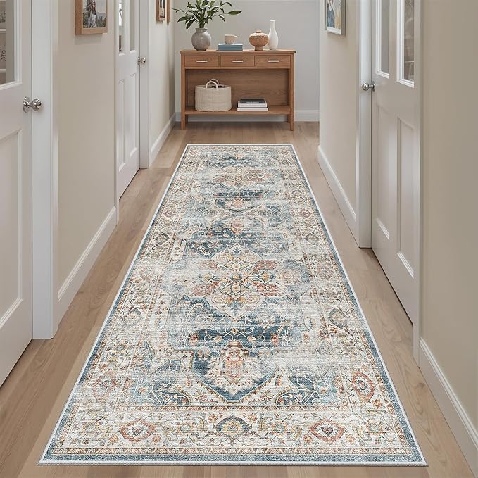 Madane Runner Rug 2'6''x8' Kitchen Runner, Hallway Runner Printed Vintage Washable Rugs Soft Non-Slip Low Pile Runners for Hallways Laundry Room Distressed Floor Carpet, Navy
