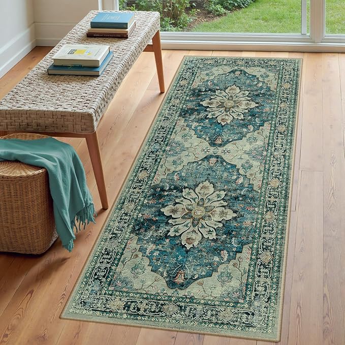 Area Rugs 3'x8' Runner Rug Non Slip Washable for Kitchen Hallway Bedroom Beside Laundry Room Bathroom Rug, Floor Carpet, Dark Blue Vintage