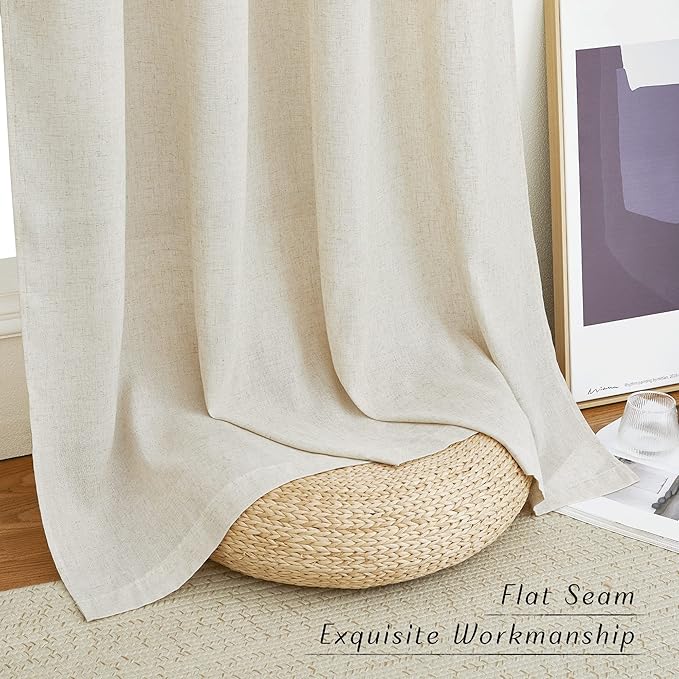 NICETOWN Natural Flax Linen Bedroom Curtains 90 inches Long, Grommet Semi Sheer Vertical Drapes Privacy Added with Light Filtering for Living Room/Home Office, W55 x L90, 2 Pieces