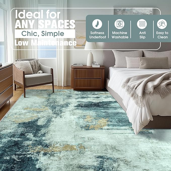 9x12 Area Rugs for Living Room Rug Washable: Abstract Large Rug for Dining Room Bedroom Carpet Non Slip 9 by 12 Indoor Modern Nursery Home Office Teal Grey Gold