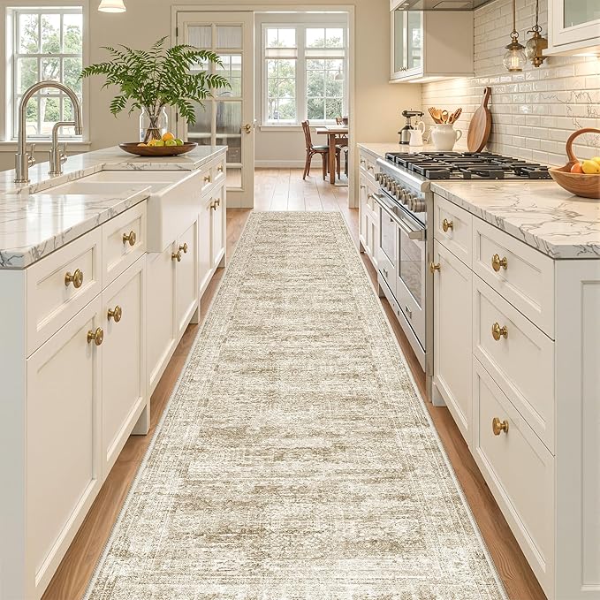 Long Bathroom Rugs Runner - Washable Runner Rugs for Hallway 2x10, Ultra-Thin Soft Kitchen Carpet Runner, Anti Slip Backing Runner Rugs for Entrance, Bedroom, Living Room(2'x10', Brown/Ivory)