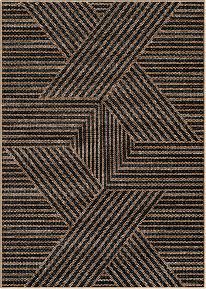 Lahome Enfys Modern Geometric Outdoor Easy Jute Rug, 5x7 Patio Living Room Rug Large Black Carpet for Bedroom, Farmhouse Washable Indoor Outdoor Carpet for Dining Room Backyard Deck