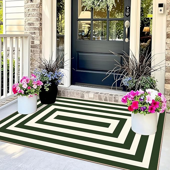3x5 Modern Entry Rug - Small Washable Indoor Outdoor Mats for Front Door Non-Slip Porch Rug Green White Geometric Striped Throw Rugs for Living Room Bedroom Entryway Kitchen Office Porch Decor