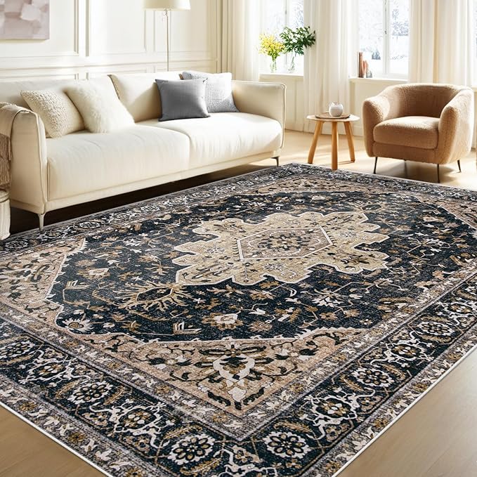Area Rugs 6x9 Vintage Rug: Washable Living Room Rug Retro Medallion Distressed Large Soft Low Pile Non-Slip Indoor Floor Carpet for Bedroom Kitchen Nursery Dining Table Office (BeigeBlack, 6'x9')