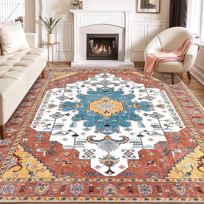 SERISSA Boho 8x10 Area Rugs Orange, Washable Vintage Large Living Room Rug Non-Slip, Ultra Soft Oriental Print Distressed Farmhouse Carpet for Dining Room Bedroom Dorm Office Home Decor