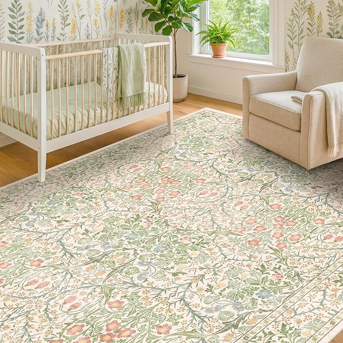 Beige Green 6x9 Washable Area Rugs for Dining Room, Nursery, Bedroom, Living Room, Kids Playroom, Ultra Soft Low Pile Non-Slip - Vintage Light Green Floral Indoor Carpet Stain Resistance