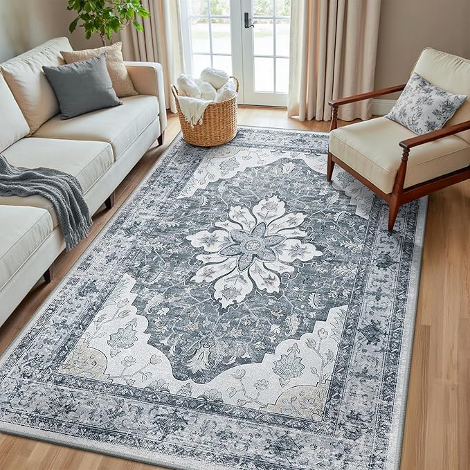 RELEANY Area Rugs 5'x8' Washable Non-Slip, Floral Vintage Distress Print Pattern Medallion Carpet for Living Room Bedroom Dining Room, Light Gray Grey White