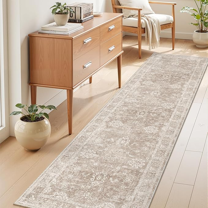 Madane Runner Rug 2x8 for Hallway, Kitchen Non-Slip Runner Rug with Rubber Backing, Vintage Soft Low Pile Throw Neutral Carpet Runner for Laundry Room Entryway Bathroom Bedroom (2 x 8, Brown/Sand)