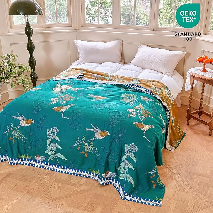 MSGKV The Boho Layer: 50"x60" Cotton Throw Blanket – Lightweight & Reversible Aviary Botanical Pattern, Decorative Accent for Couch Snuggles, Bed Layers & Road Trips