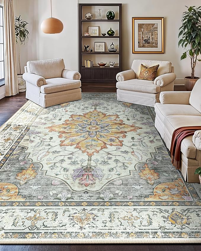 RELEANY Area Rugs 10'x14' Washable Non-Slip, Floral Vintage Distress Print Pattern Medallion Carpet for Living Room Bedroom Dining Room, Light Yellow Carbon Grey Orange