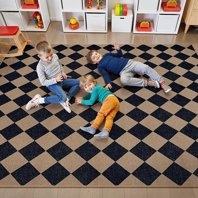 Lahome Colette Checkered Easy Jute Carpet, Washable 8x10 Rugs for Living Room Outdoor Patio Rugs, Farmhouse Neutral Non Slip Stain Resistance Floor Carpet for Office Backyard Sunroom