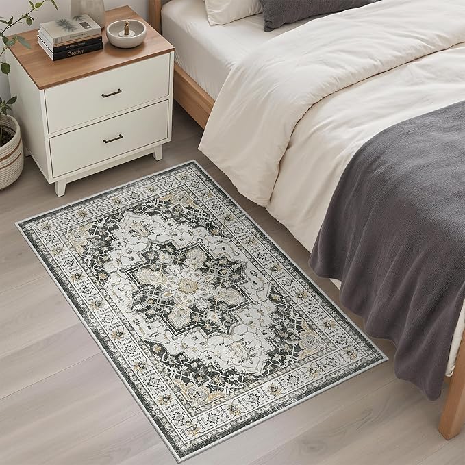 Madane Washable Area Rug 2x3, Small Entryway Rug Non-Slip Vintage Door Mat Indoor Entrance, Low Pile Floor Carpet for Inside Front Door Bedroom Kitchen Entry Laundry (2'x3', Black)