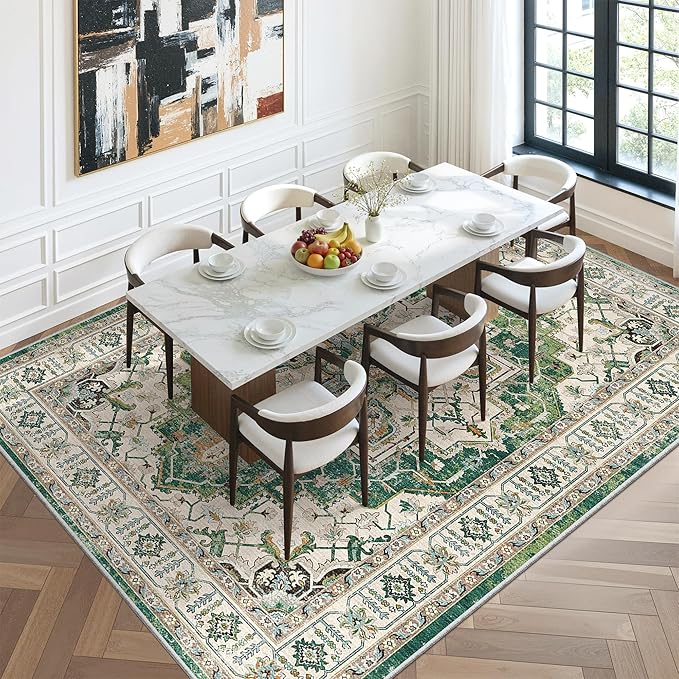 zesthome 9x12 Area Rugs,Stain Resistant Washable Rug,Ultra-Thin Rugs for Living Room,Bedroom,Non-Slip Backing Home Decor Large Area Rug (Green,9'x12')