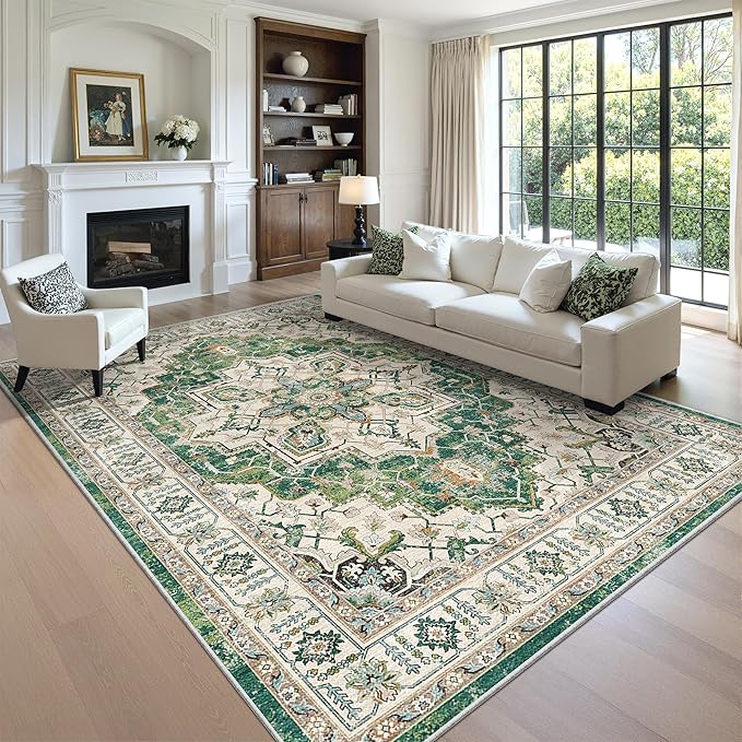 zesthome 9x12 Area Rugs,Stain Resistant Washable Rug,Ultra-Thin Rugs for Living Room,Bedroom,Non-Slip Backing Home Decor Large Area Rug (Green,9'x12')