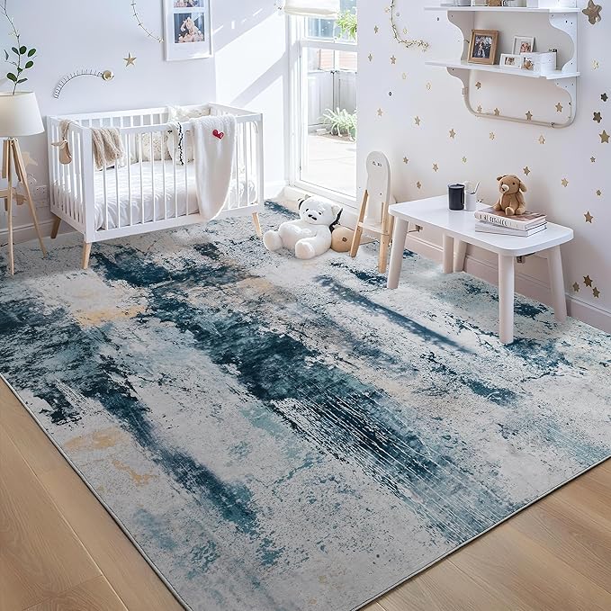 Living Room Rug 7x10 Aqua Blue Area Rugs Machine Washable Abstract Boho Large Rug Non-Slip Non-Shedding Faux Wool Indoor Vintage Carpet for Bedroom, Classroom, Dining Room, Kids Playroom