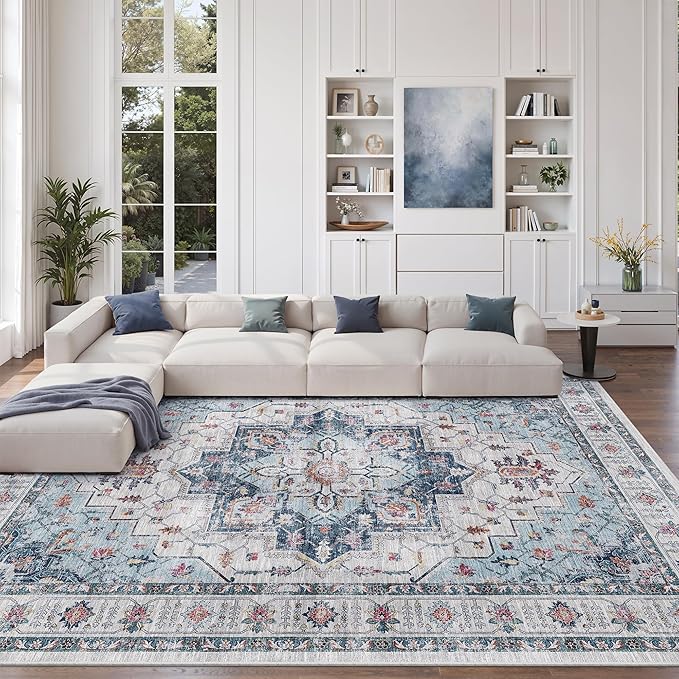 zesthome Area Rugs 9x12, Washable Rug Non-Slip Low Pile Rugs for Living Room, Bedroom, Home Decor Vintage Large Area Rug (Blue,9'x12')