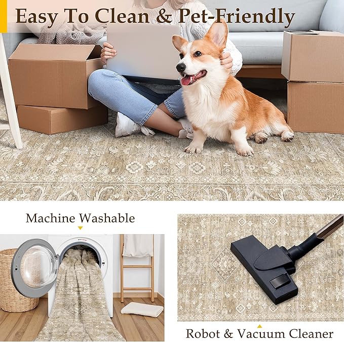 5x7 Washable Area Rug for Living Room Bedroom Vintage Beige Soft Low Pile Carpet Traditional Retro Non Slip Throw Rug for Dining Room Entryway Indoor Dorm Kitchen