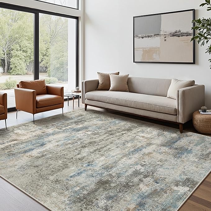 BEIMO Area Rugs 8x10 for Living Room Bedroom, Modern Abstract Machine Washable Rug, Large Soft Low Pile Floor Carpet with Non Slip Backing for Dining Room, Blue/Taupe