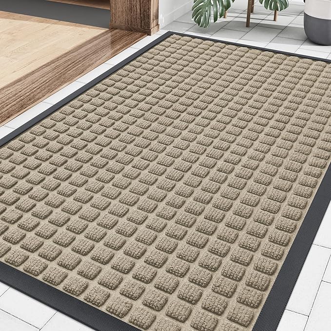 Smiry Front Door Mat Outside Entrance, Heavy Duty Natural Rubber Doormat, Non Slip, Trap Dirt and Moisture, Easy Clean, Low Profile Welcome Floor Mats for Indoor Outdoor Entry, 29.5x17 Inch, Beige